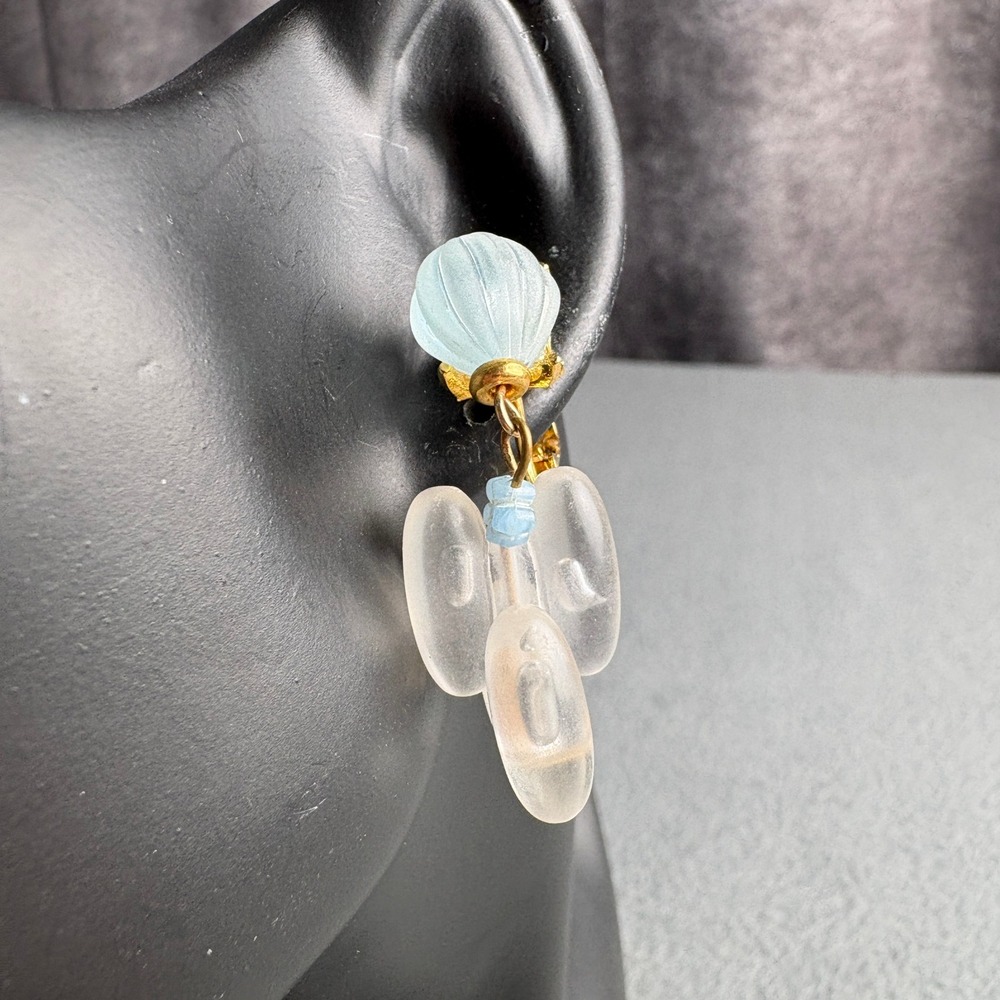 Vintage Frosted Glass Cluster Clip On Earrings Blue Gold Tone Dangle Statement